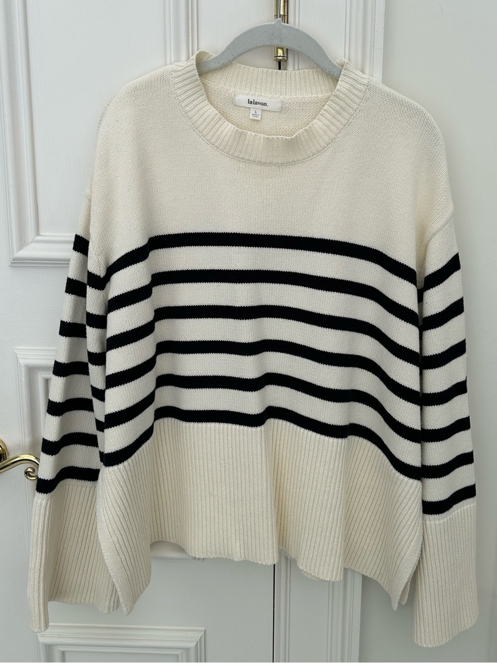 LaLavon Cream & Black Striped Crewneck Sweater